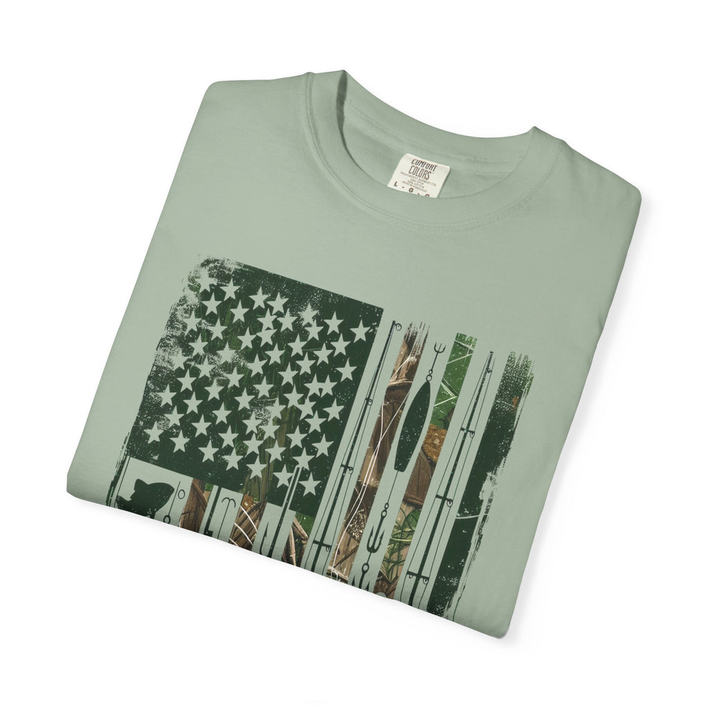 Fishing Flag Men's T-Shirt — Camo American Flag with Fish & Lures