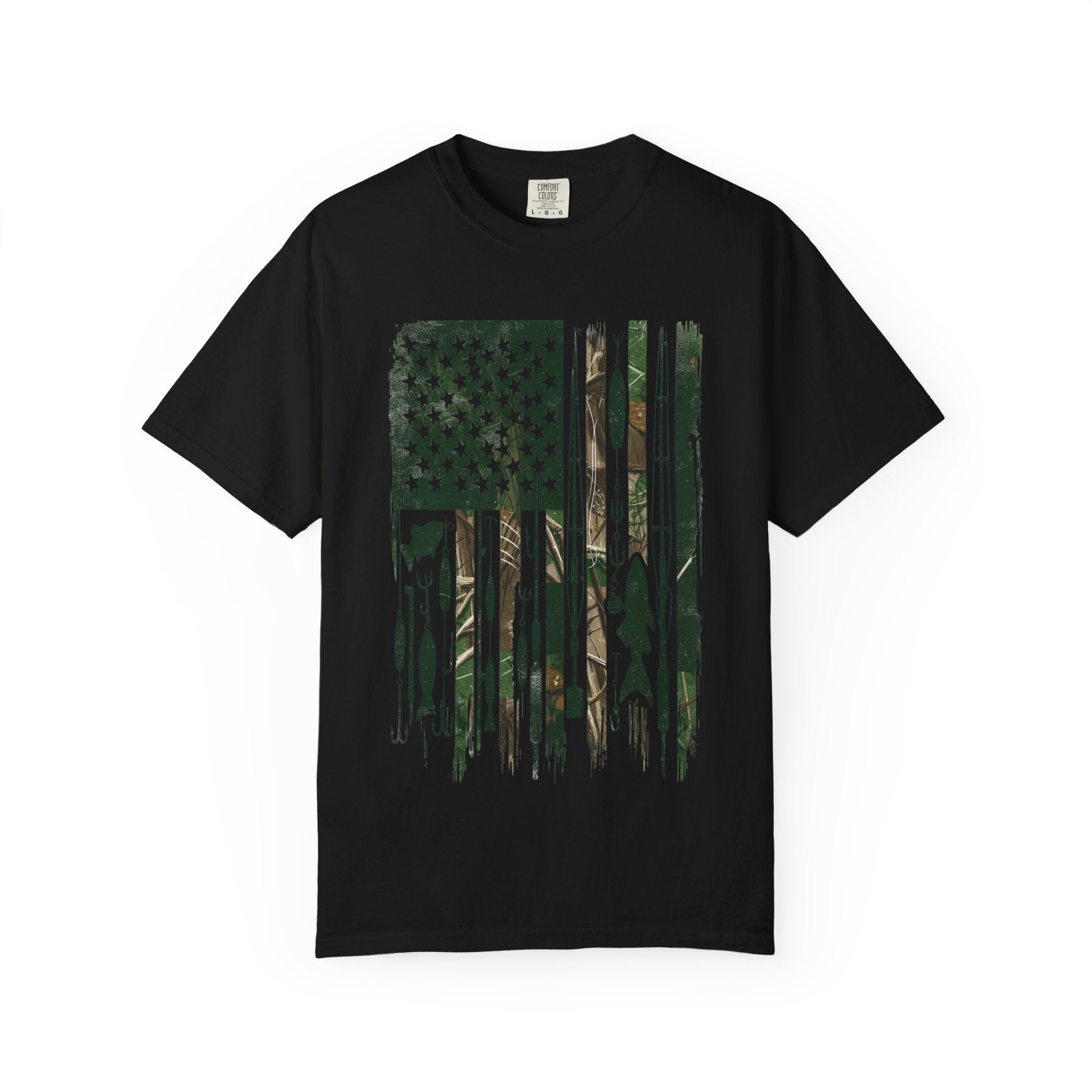 Fishing Flag Men's T-Shirt — Camo American Flag with Fish & Lures
