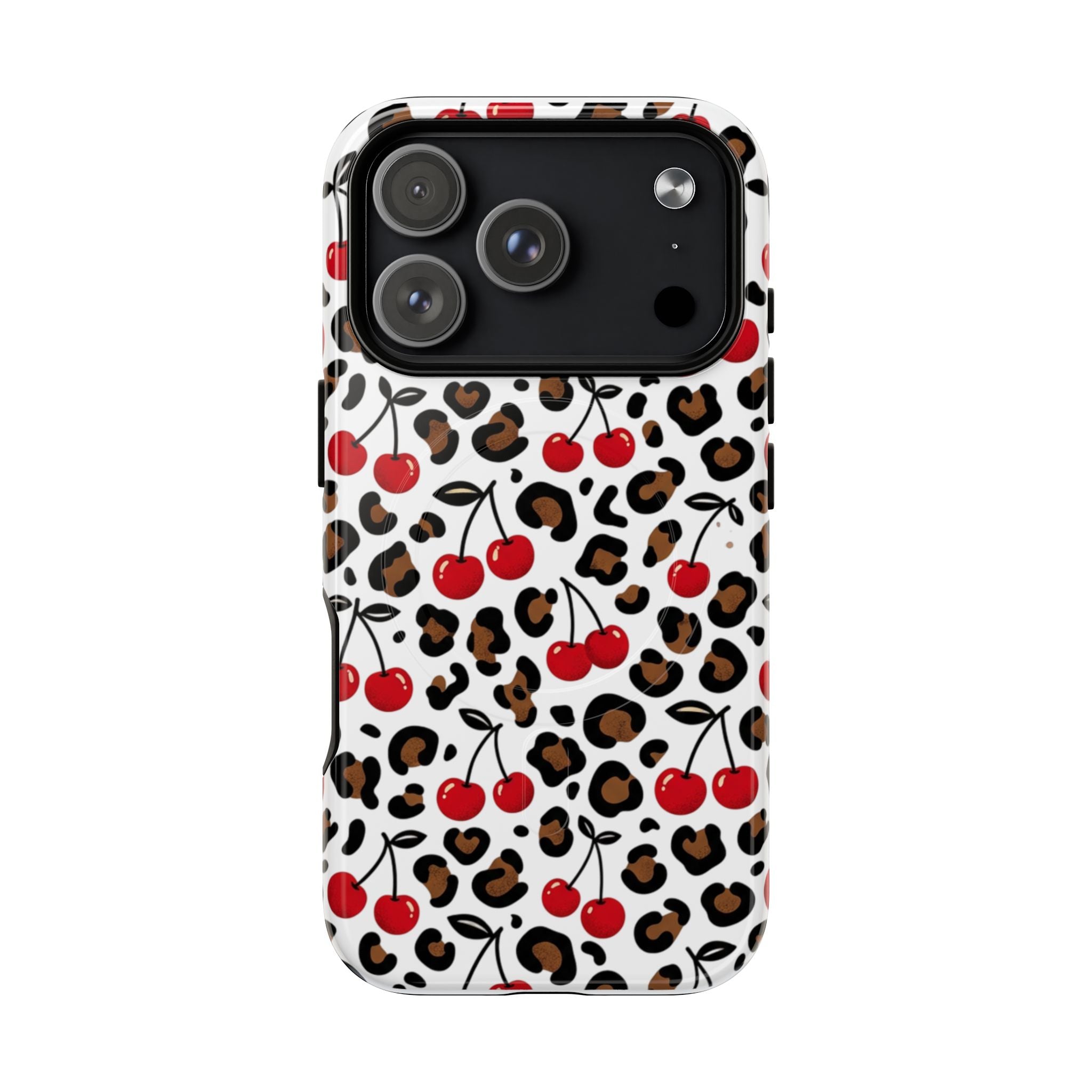Cherry Leopard Tough Magnetic Phone Case — Protective Magnetic iPhone Cover with Red Cherry & Leopard Print