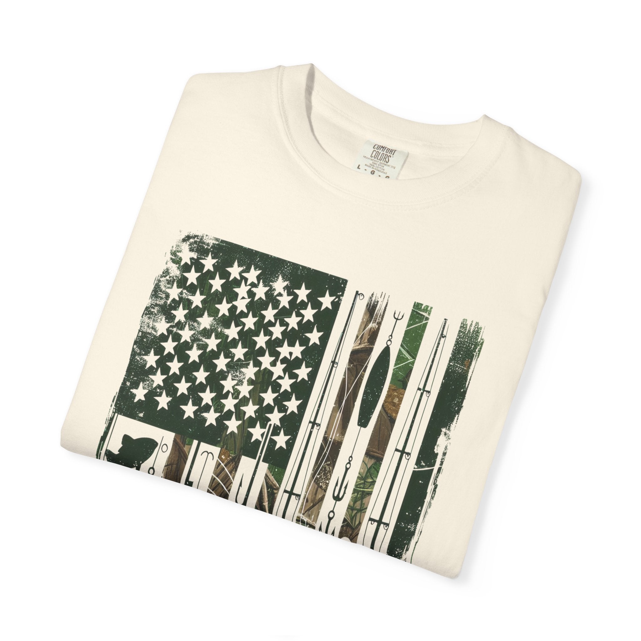Fishing Flag Men's T-Shirt — Camo American Flag with Fish & Lures