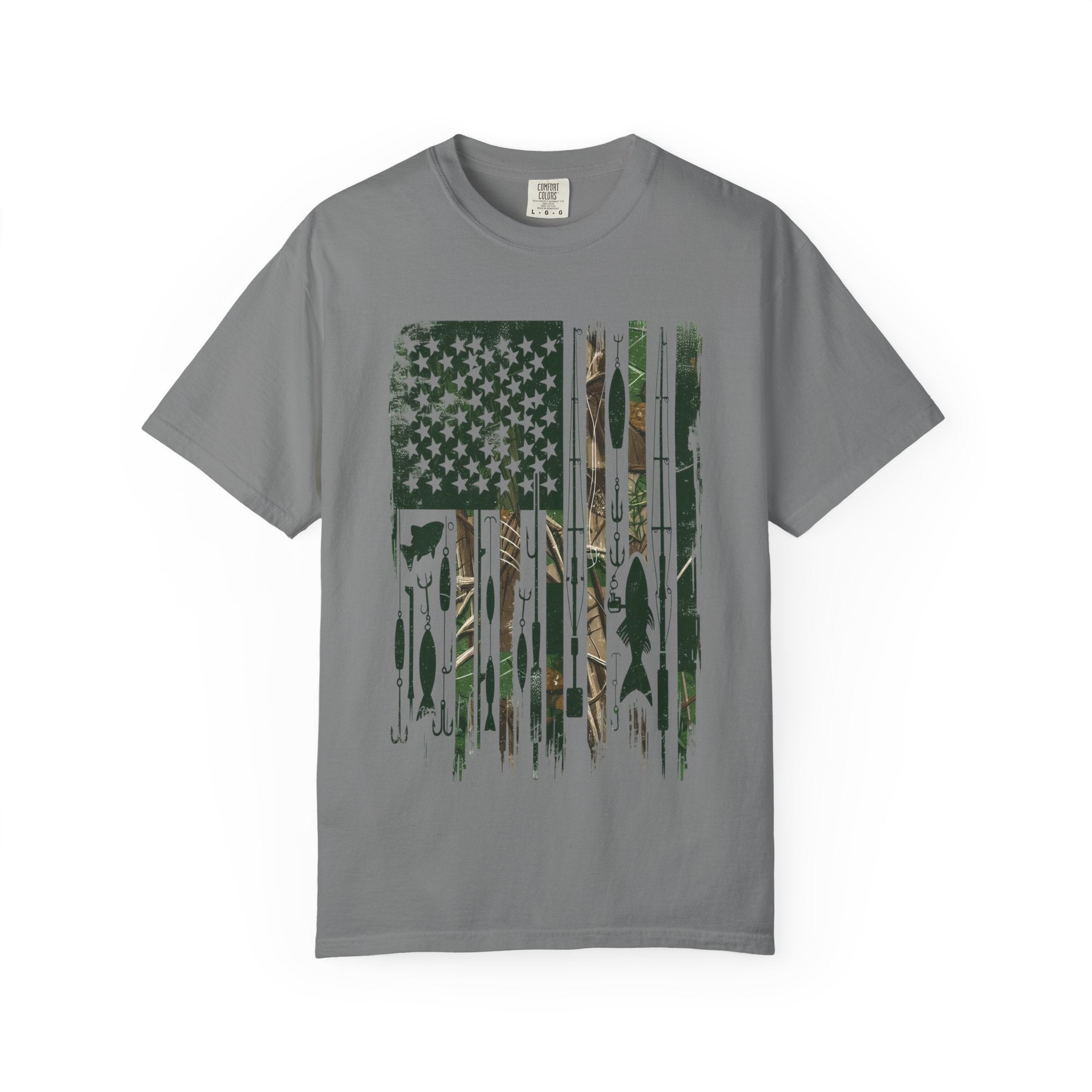 Fishing Flag Men's T-Shirt — Camo American Flag with Fish & Lures