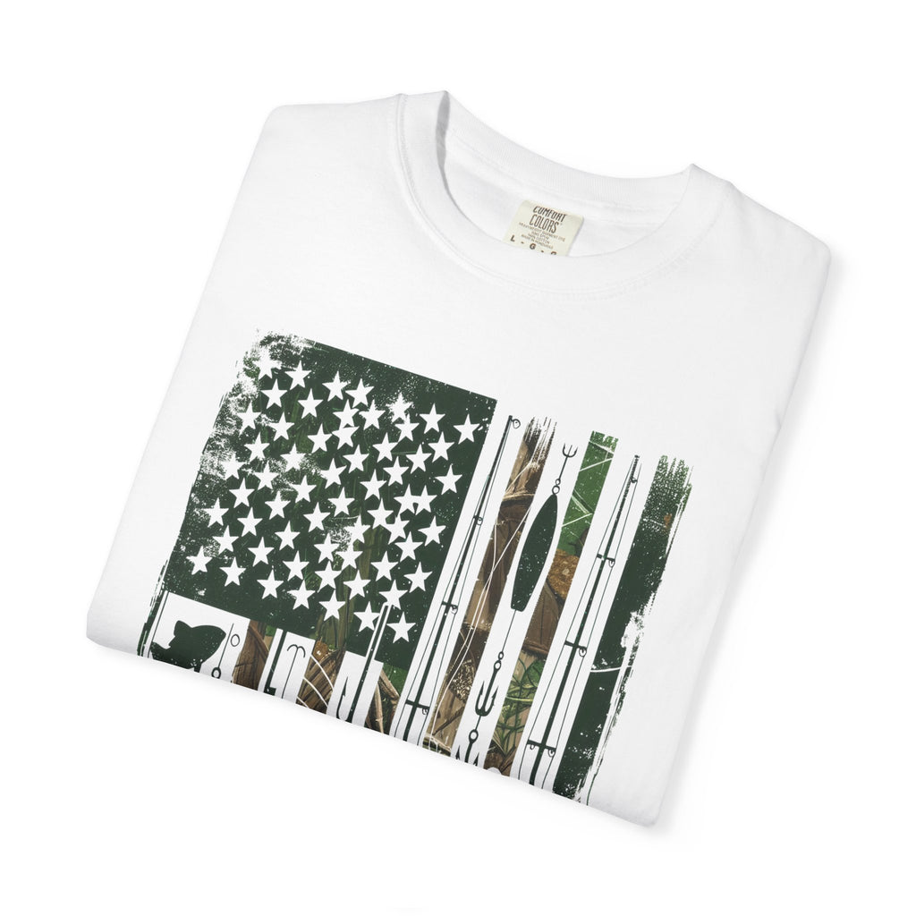 Fishing Flag Men's T-Shirt — Camo American Flag with Fish & Lures