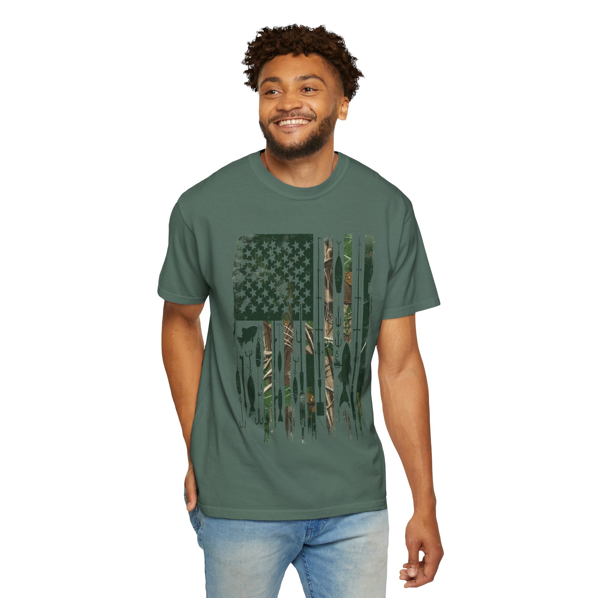 Fishing Flag Men's T-Shirt — Camo American Flag with Fish & Lures