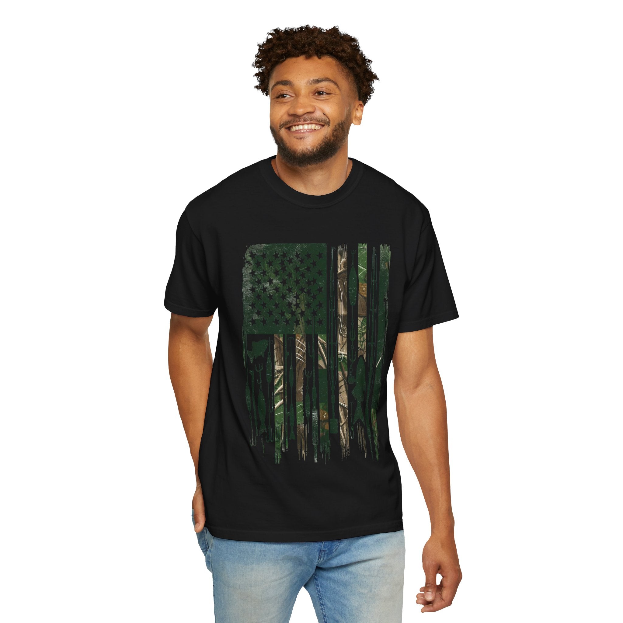 Fishing Flag Men's T-Shirt — Camo American Flag with Fish & Lures