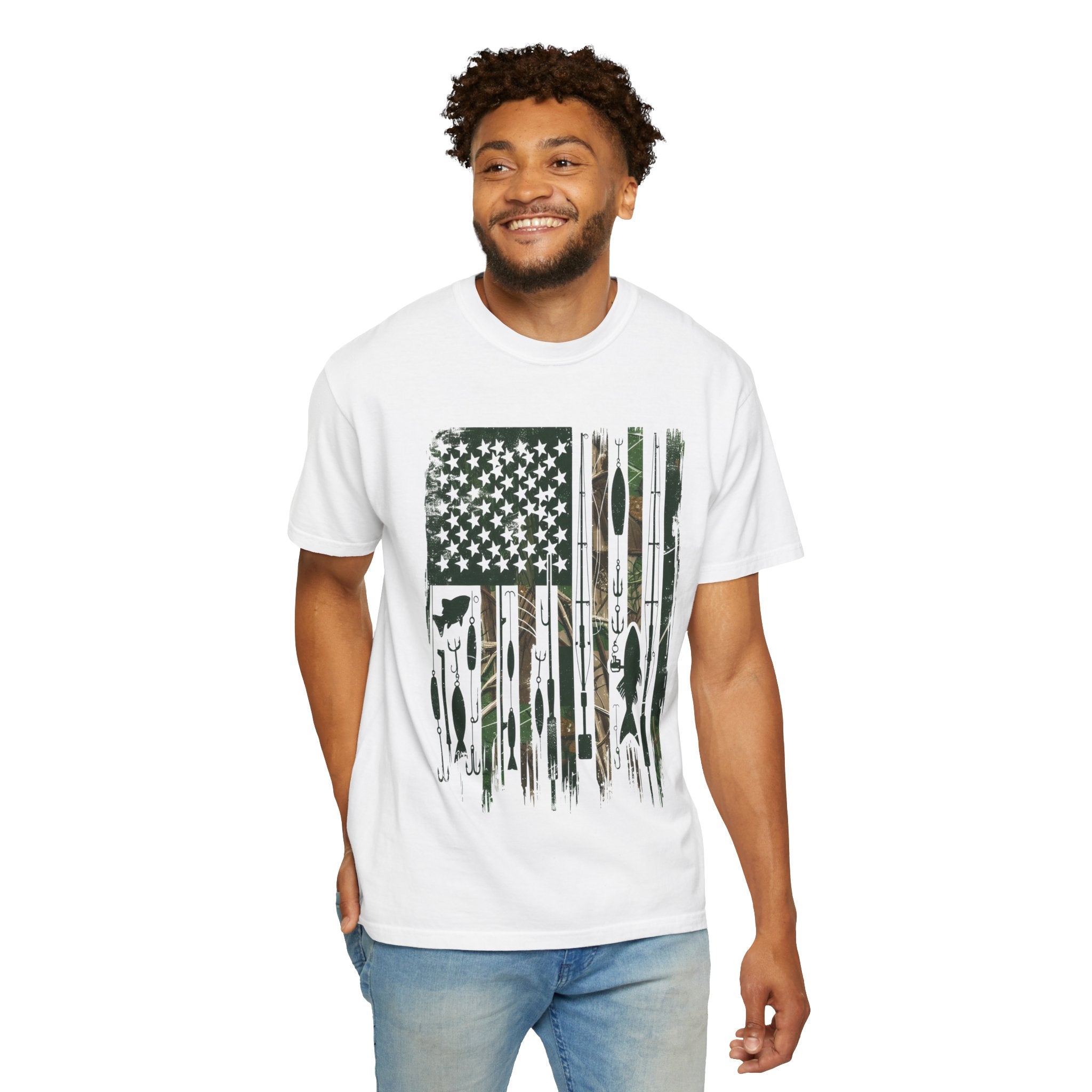 Fishing Flag Men's T-Shirt — Camo American Flag with Fish & Lures