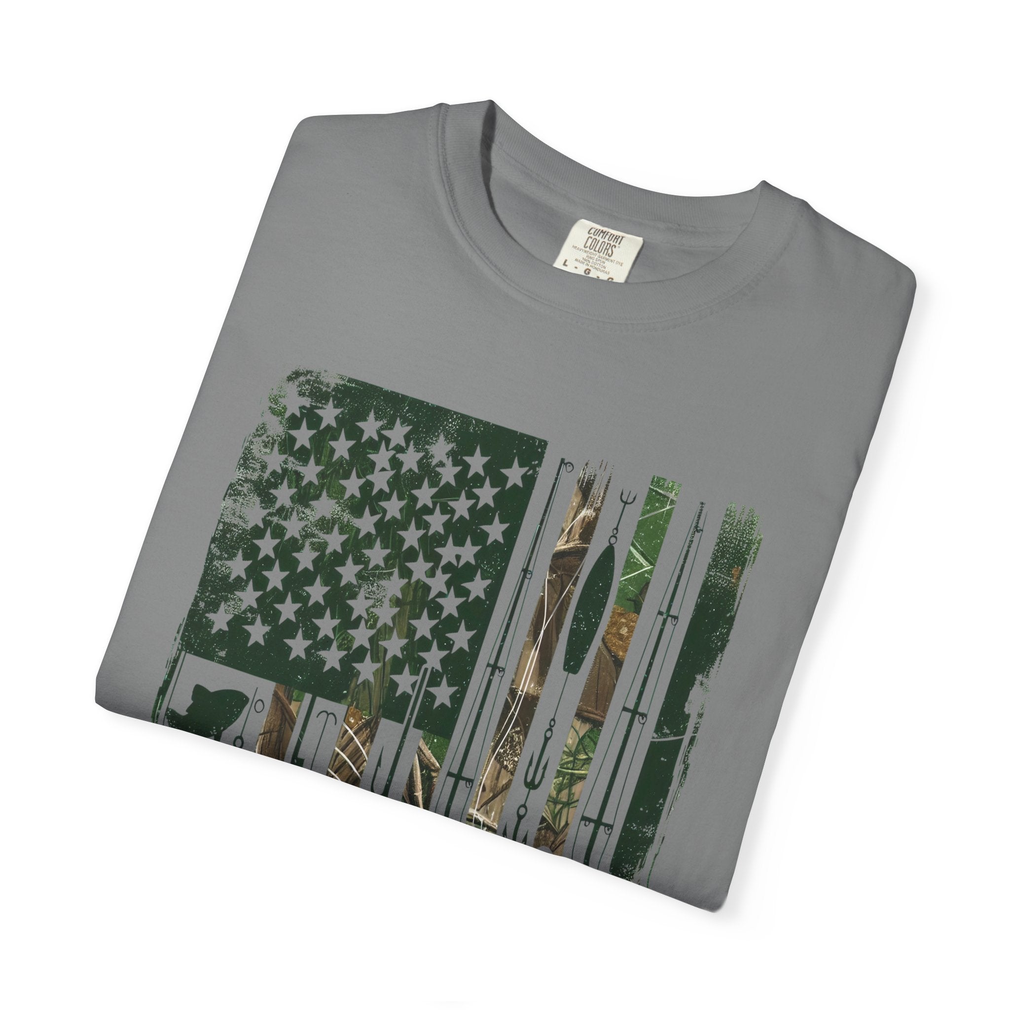 Fishing Flag Men's T-Shirt — Camo American Flag with Fish & Lures