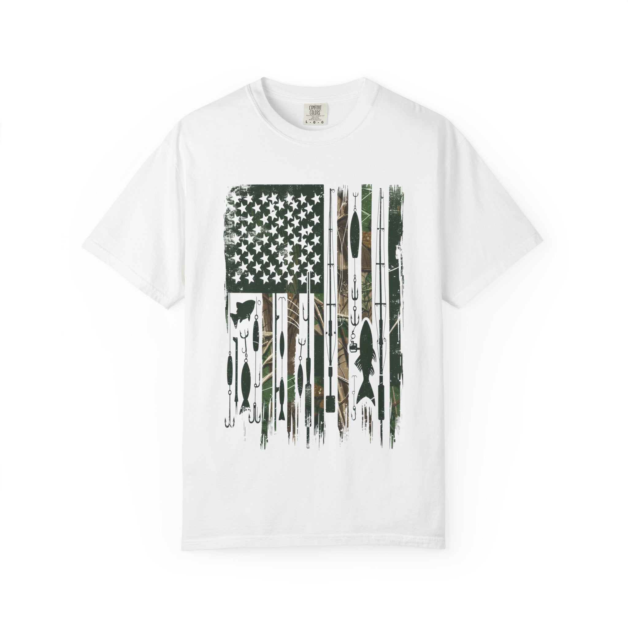 Fishing Flag Men's T-Shirt — Camo American Flag with Fish & Lures