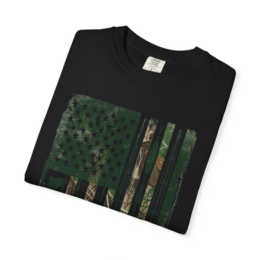 Fishing Flag Men's T-Shirt — Camo American Flag with Fish & Lures