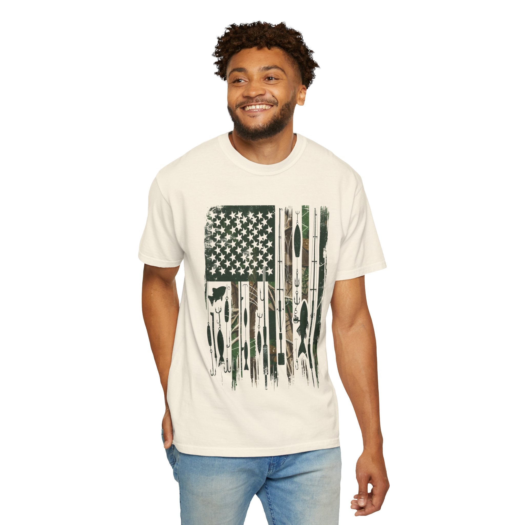 Fishing Flag Men's T-Shirt — Camo American Flag with Fish & Lures