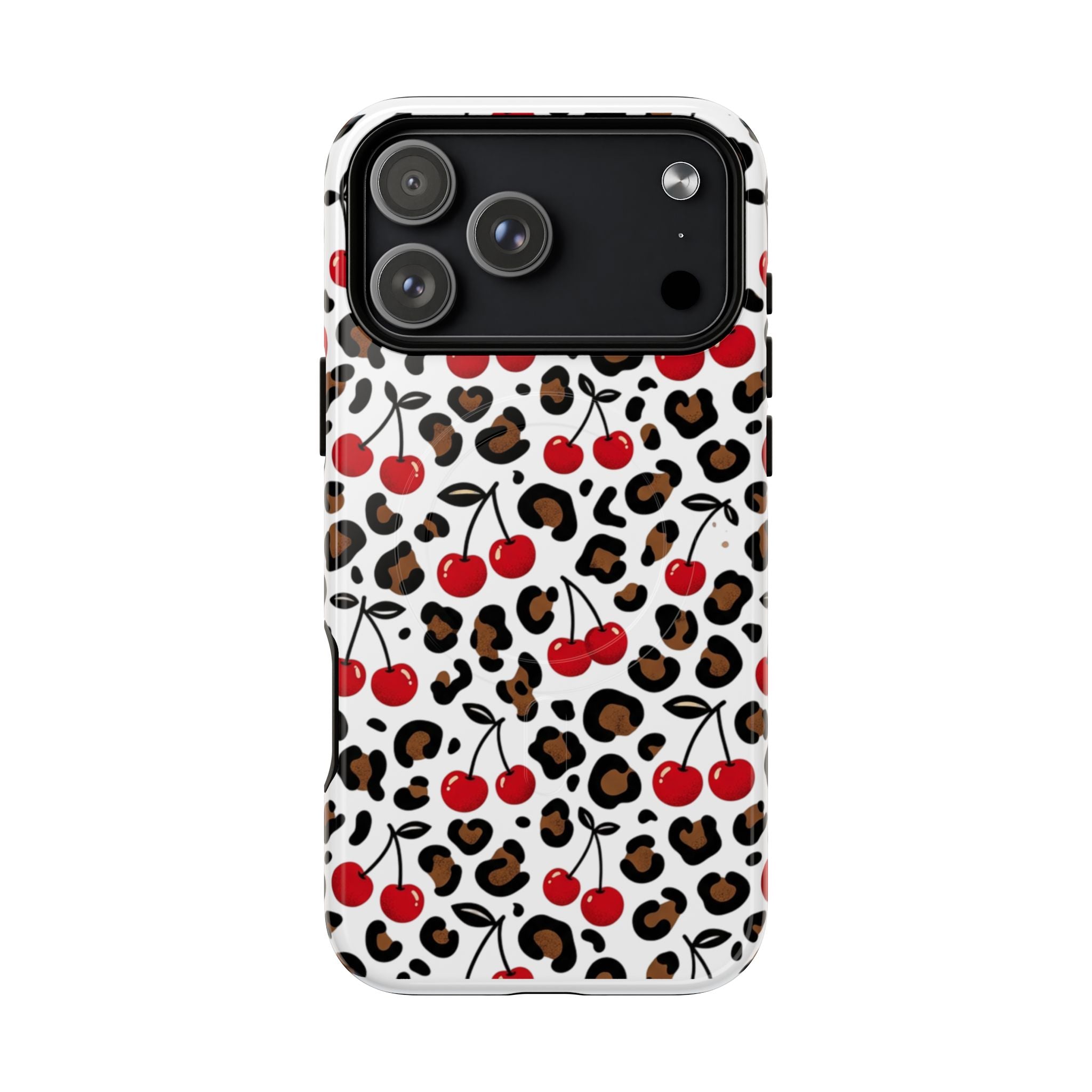 Cherry Leopard Tough Magnetic Phone Case — Protective Magnetic iPhone Cover with Red Cherry & Leopard Print
