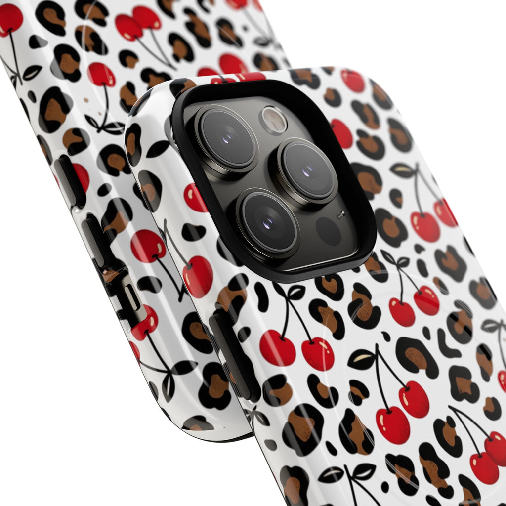 Cherry Leopard Tough Magnetic Phone Case — Protective Magnetic iPhone Cover with Red Cherry & Leopard Print