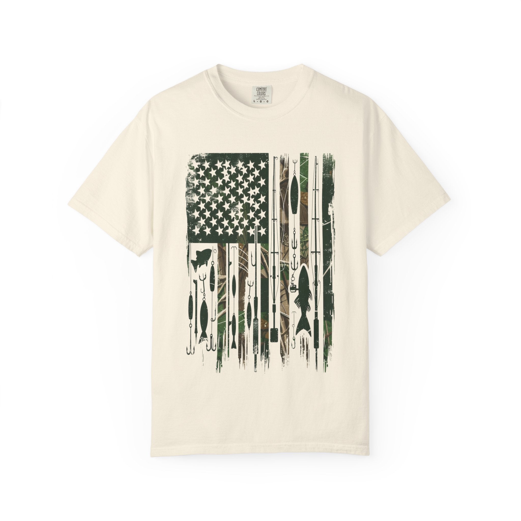 Fishing Flag Men's T-Shirt — Camo American Flag with Fish & Lures
