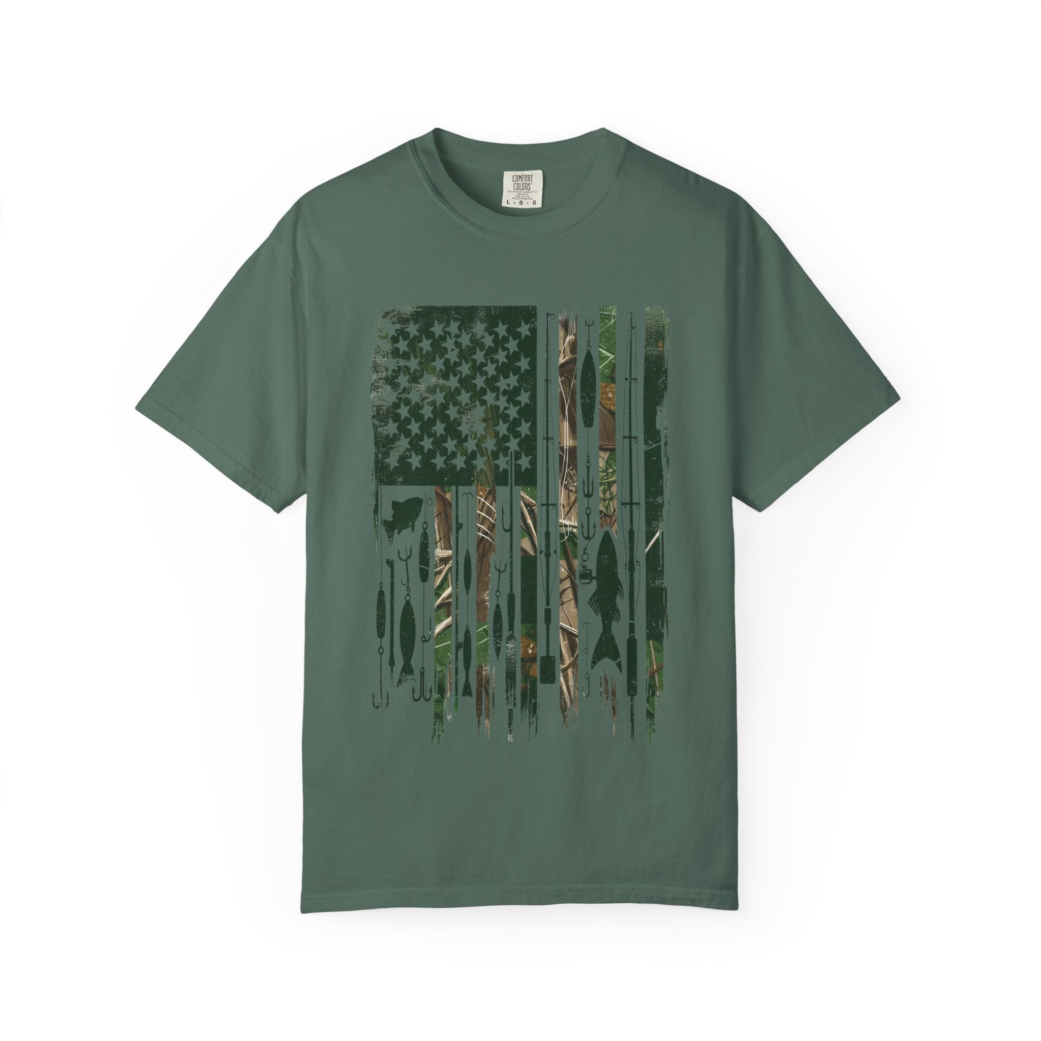 Fishing Flag Men's T-Shirt — Camo American Flag with Fish & Lures